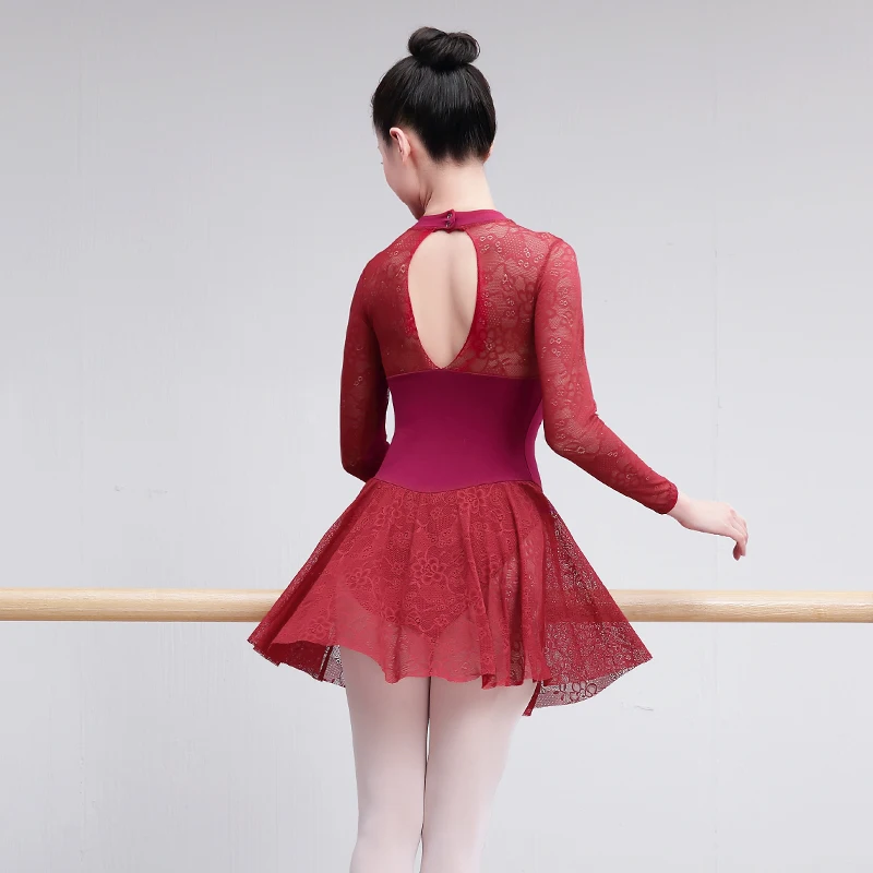 

X2001 Adult Ballet Dancing Dress Women's Autumn Long-Sleeved Exercise Clothing Lace Stitching One-Piece Skirt Dance Dress