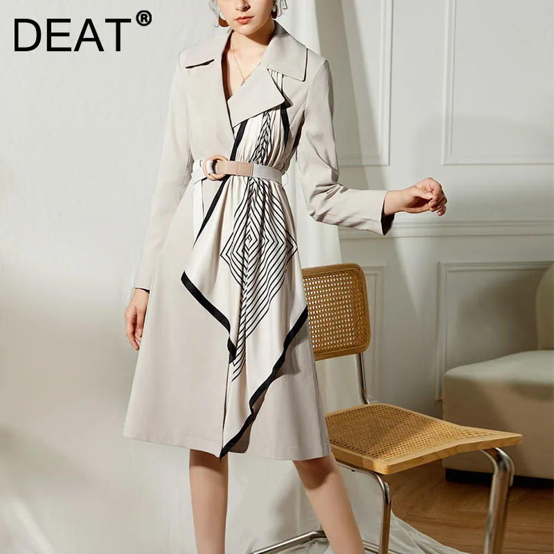 

{DEAT} Women Khaki Printing Ribbons New Turn-down Collar Long Sleeve Slim Fit Windbreaker Fashion Tide Autumn Winter 2021 7E8121