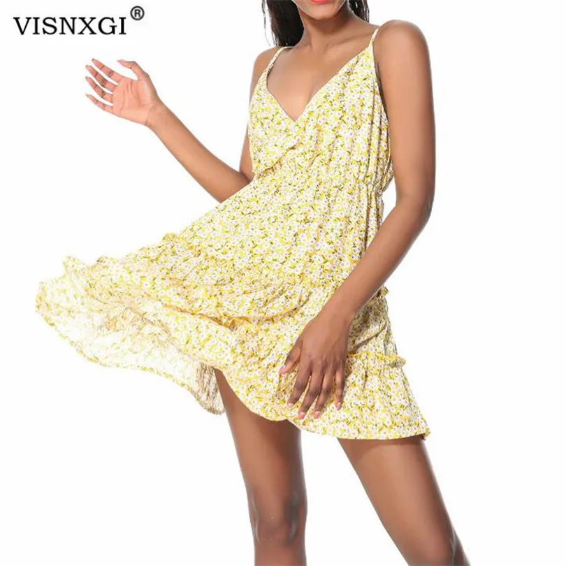 

VISNXGI Fashion Women Spaghetti Straps Backless Sleeveless Sexy Dresses Floral Print Boho Beach Adjustable Ladies Wrap Dress New