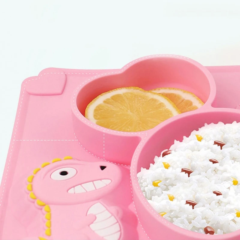 

Baby Training Feeding Food Bowl Cartoon Dinosaur Silicone Suction Divided Plate