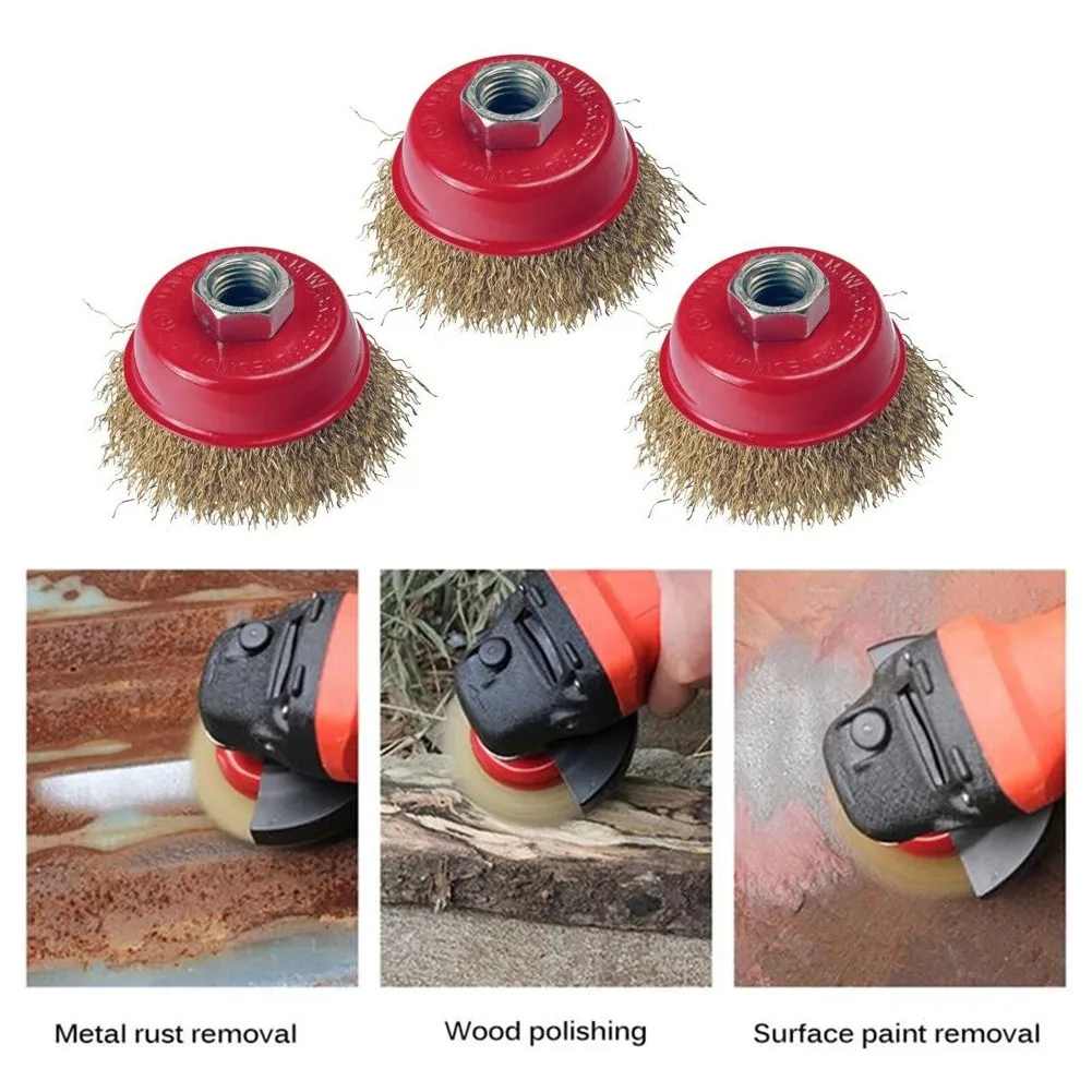 

3pcs 75mm 3Inch Rotary Brass Steel Wire Brush Cup Set Wheel Angle Grinder Rotary Tool Rust Removal Polishing Tools