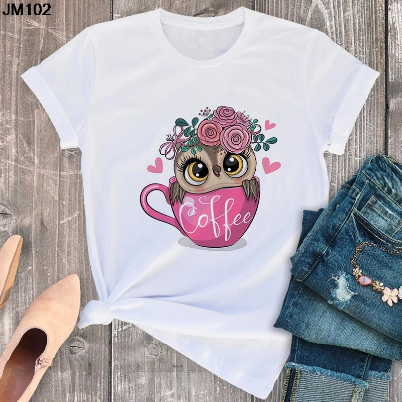

2021 Summer New Women's T-shirt Fashion Cute Owl Printed Ladies Tshirt Harajuku Short Sleeve White Large Size Top Female T Shirt