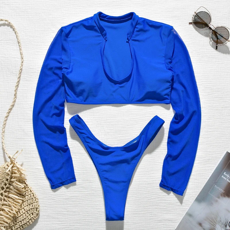 

Fors Mesh patchwork long sleeve bikinis 2020 mujer Solid green neon swimsuit female High cut swimwear women Deep V bathing suit