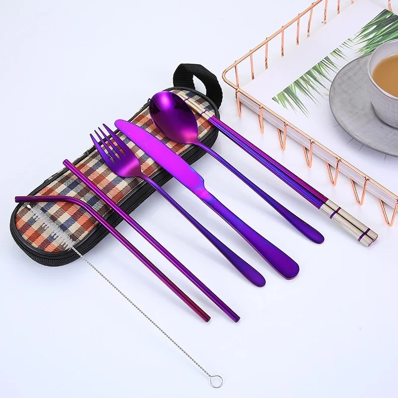 Purple Портативный 8 шт./компл. столовая посуда, нержавеющая сталь набор, Серебряный набор столовых приборов для путешествий, с коробкой и соломинкой, нож, вилка, ложка, палочки для еды - Цвет: Purple