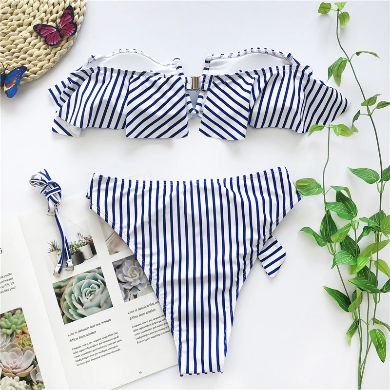 

Women Bikinis 2020 Swimwear Striped Ruffled High Waist Sexy Bikini Women Push Up Bandeau Summer Micro Bikini Women Swimsuit