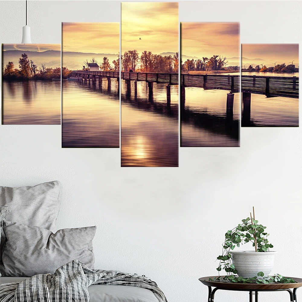 

5 Pieces Wall Art Canvas Painting Landscape Poster Small Bridge Lake Modern Living Room Home Decoration Modular Pictures