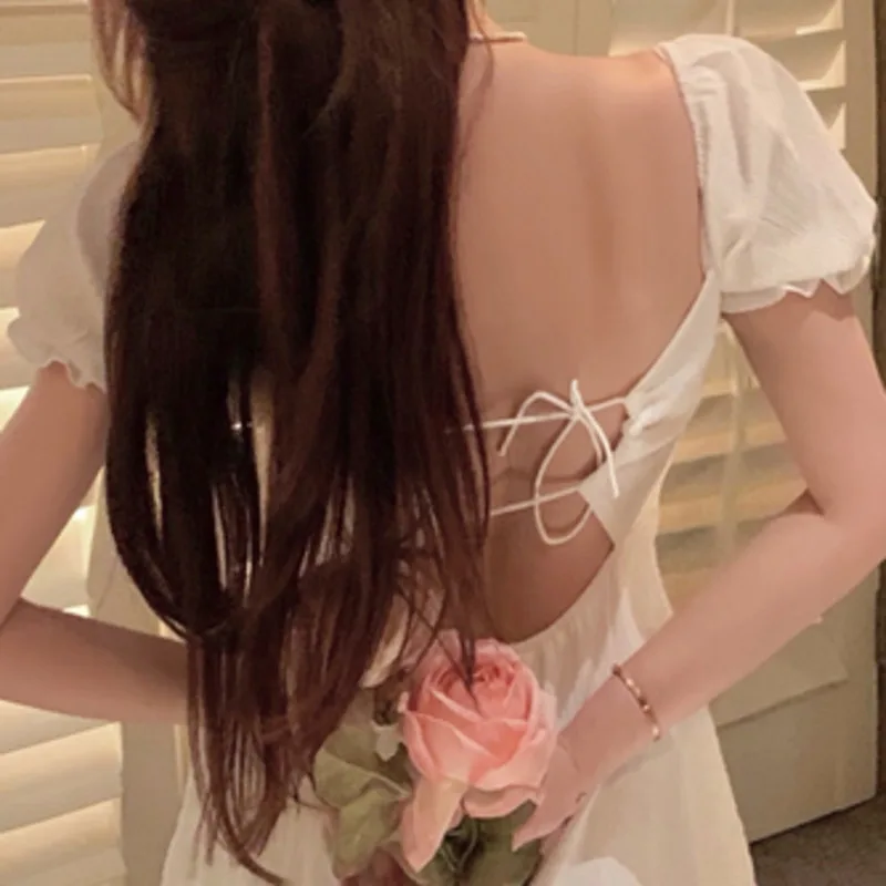 

Women Summer Sexy Slit Long Dress Korean Style Short Sleeve V-neck Folds High Waist Slim Lace-up Backless Bandage Casual Vestido