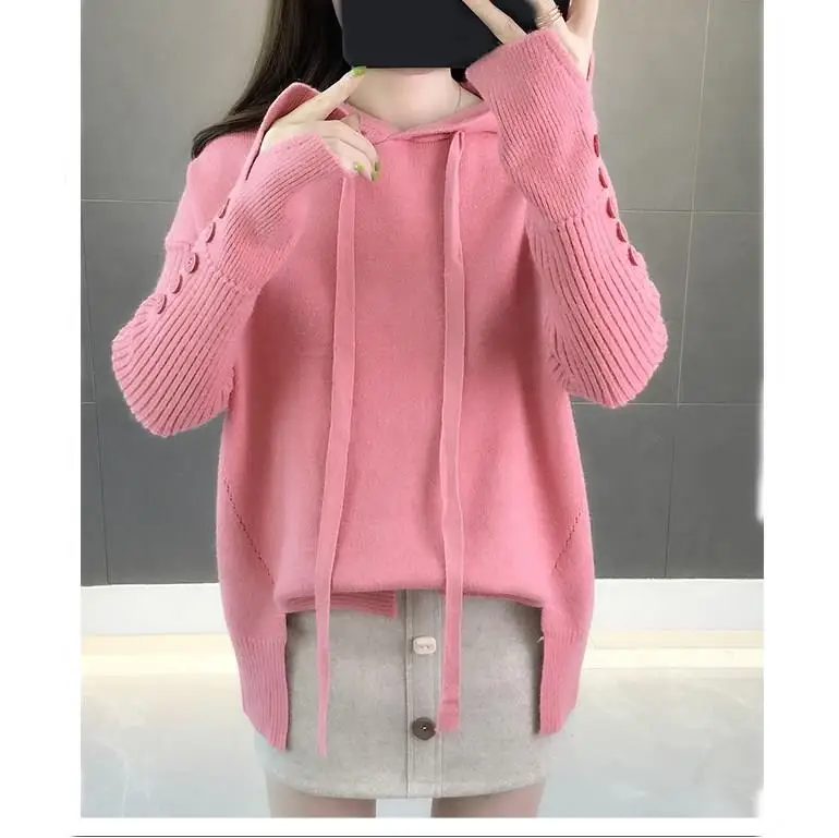 Autumn Loose Women Hooded Sweater Button Solid Knitted Office Lady Casual Jumper Pullovers | Женская одежда