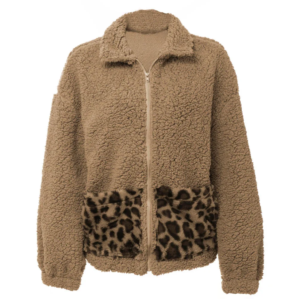 

2021 autumn and winter hot models European and American leopard print pocket stitching metal zipper plush thick coat women