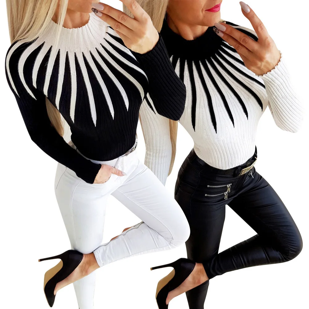 

Casual Contrast Color Half Turtleneck Sweater Long Sleeve Elastic Slim Pullovers Women Jumpers Autumn and Winter