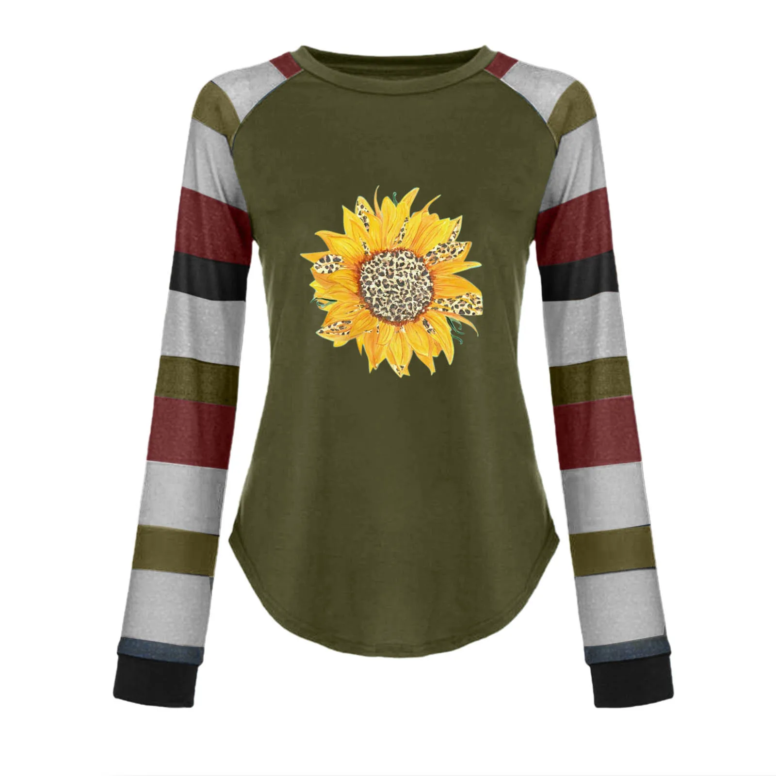 

Autumn Top Women Long Sleeve T Shirt 2021 Striped Tops Tee Female Sunflower Stitching Tees Fashion Loose Top Lady T-shirt 2XL