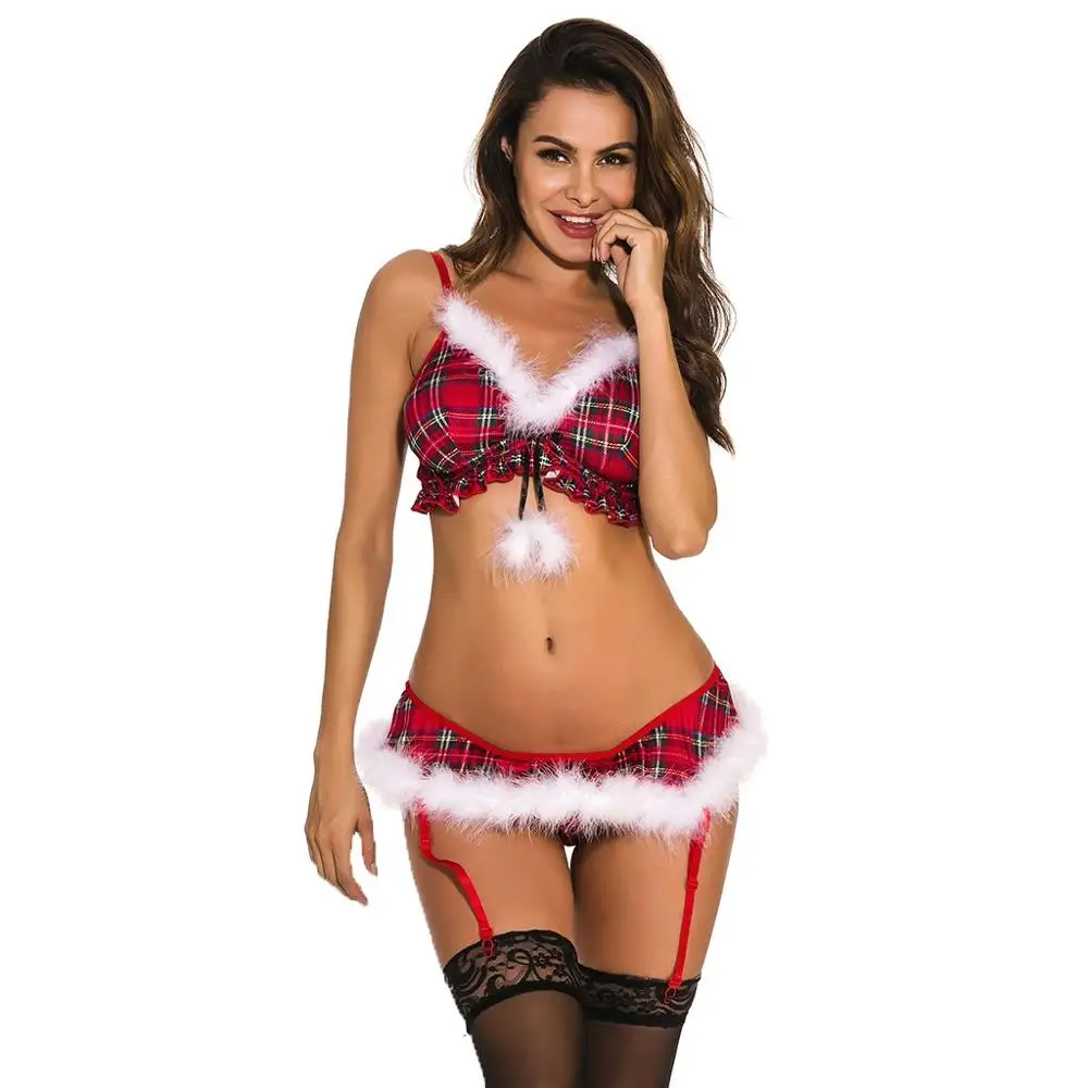 2019 Christmas Theme Hot Girl Underwear Cheerleader Women Sexy Lingerie Lattice Bra Thong With Garter Pajamas Couple | Тематическая