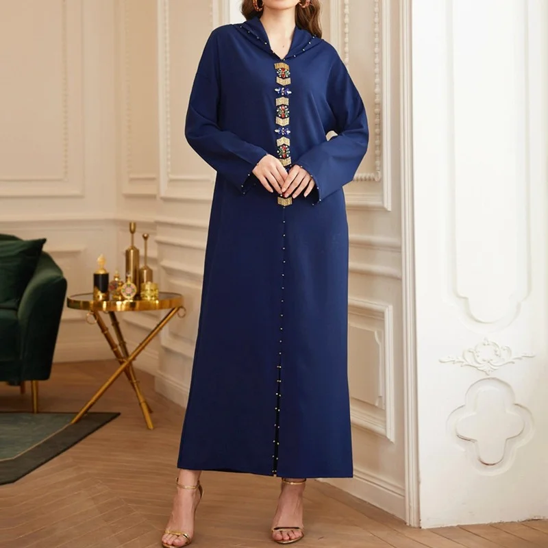 Riched Muslim Dress Beads Women 2021 Autumn Jellaba Kaftan Diamond Fashion Casual Hooded Split Long Sleeves Maxi Dresses