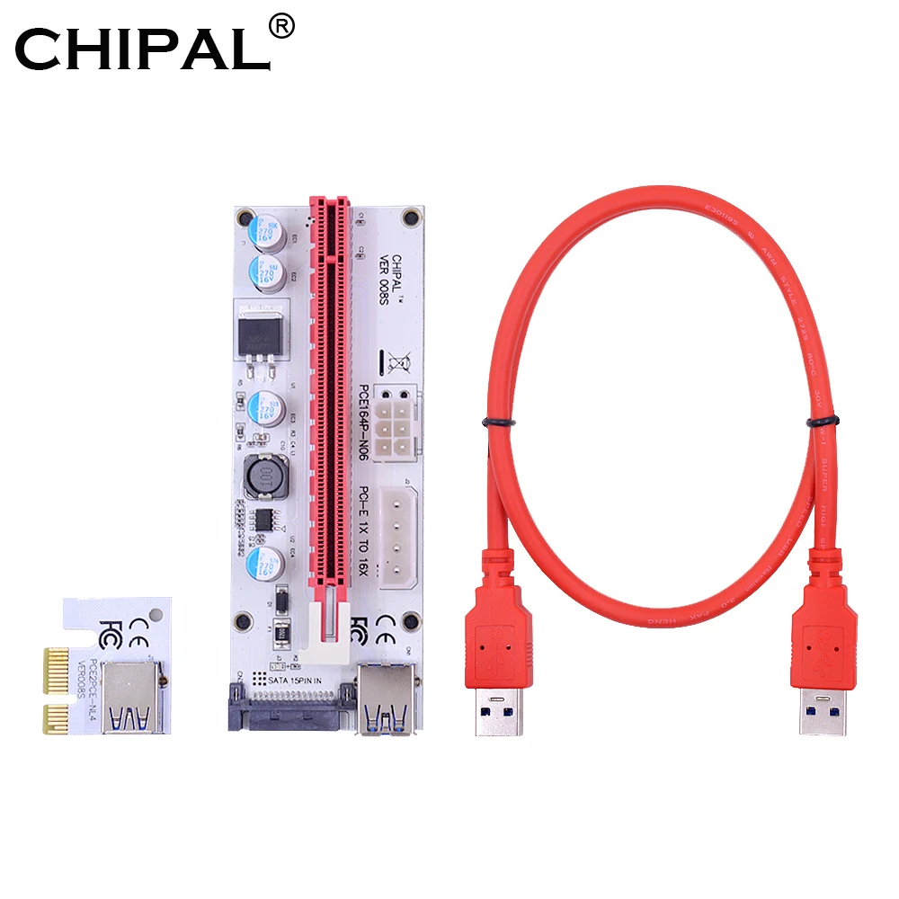 

CHIPAL VER008S PCI-E Riser Card PCI Express PCIE 1x to 16x Adapter Extender 0.6M USB 3.0 Cable 15Pin SATA 4Pin 6Pin Power Cord