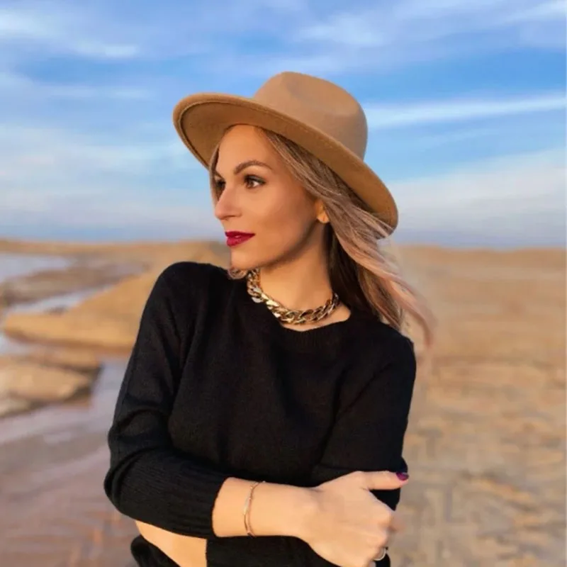 

2021 winter fedora hats for women fashion Flat wide Brim Wool Felt Jazz Fedora Hats for men black goth top vintage wedding Hat