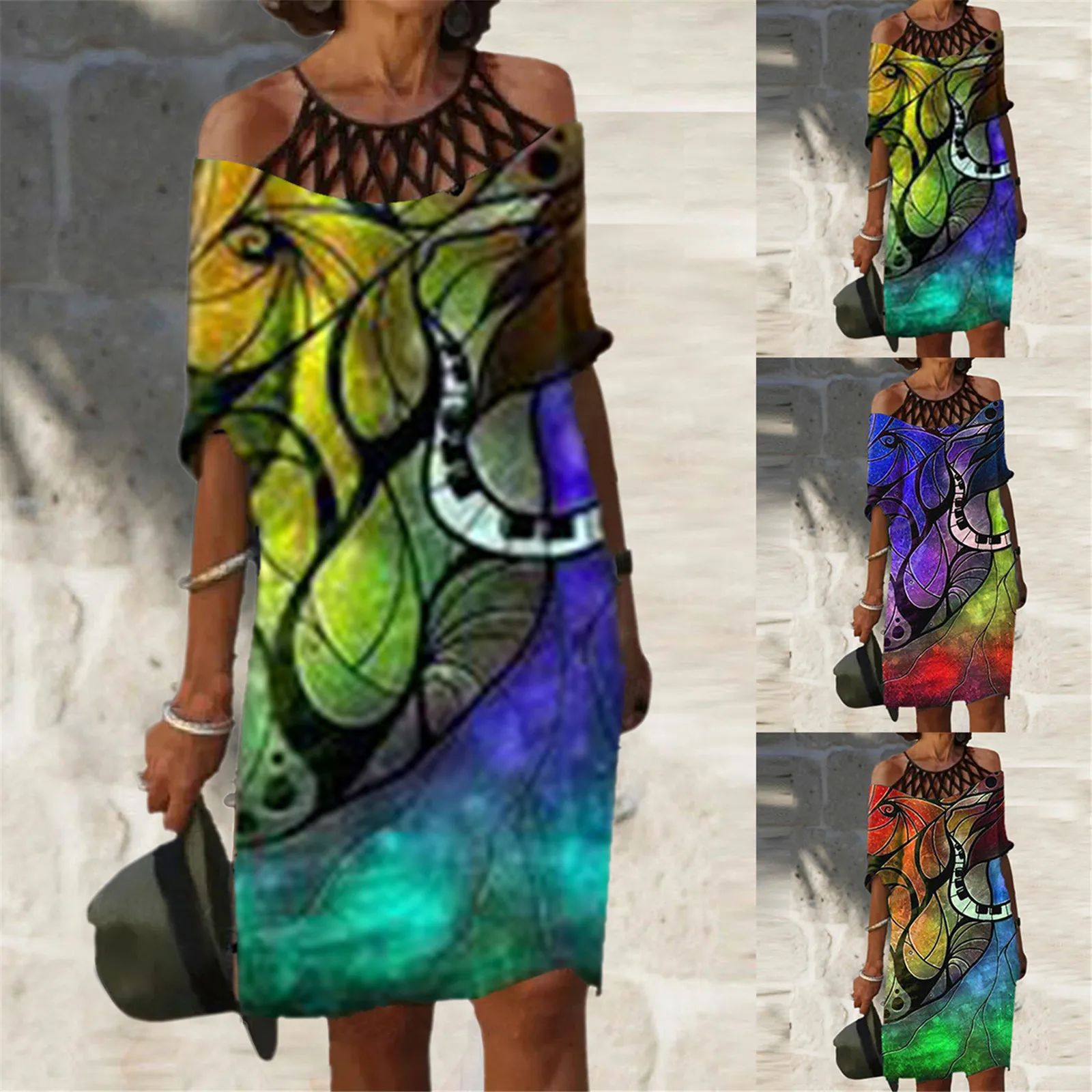 

Vintage Hollow out Halter Dress Women Fashion Tie-dye Print Loose Plus Size Streetwear Dress Lady Casual Knee-length Dress Robe