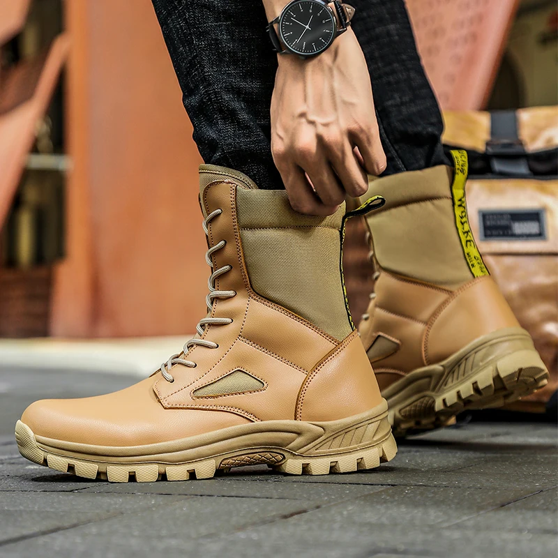 

New men's high top autumn and winter military boots desert combat high top ankle joint outdoor shoes anti slip rubber work shoes