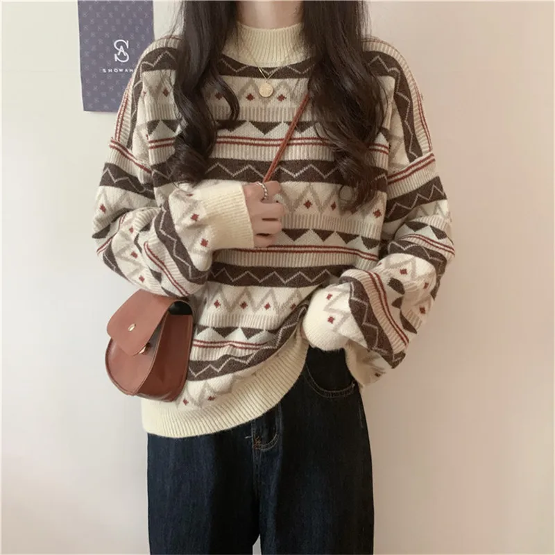 

Fashionable Autumn Winter Knitted Tops Women's 2021 Autumn Winter New Pop Argyle O Neck Oversized Pullover Lazy Slimming Sweater