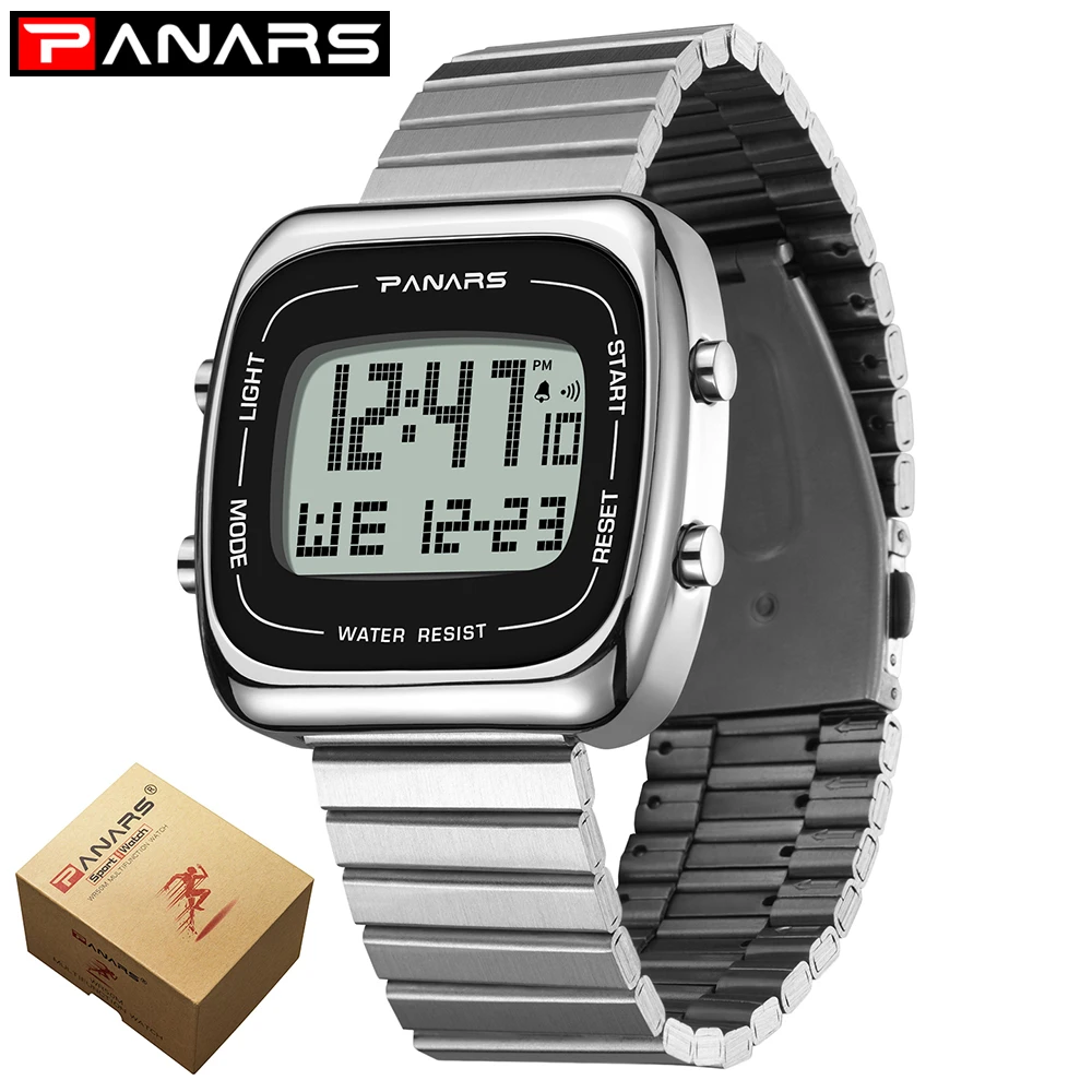 Silver with box PANARS квадратные часы из нержавеющей стали мужские цифровые водонепроницаемые часы для мужчин спортивные электронные наручные часы подарки светящиеся - Цвет: Silver with box