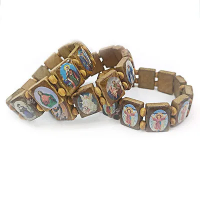 

Fashion Saints Jesus Religious Wood Catholic Icon Bracelets Unisex Wood Bracelet Paryer Charm Jewelry mens bracelets2020