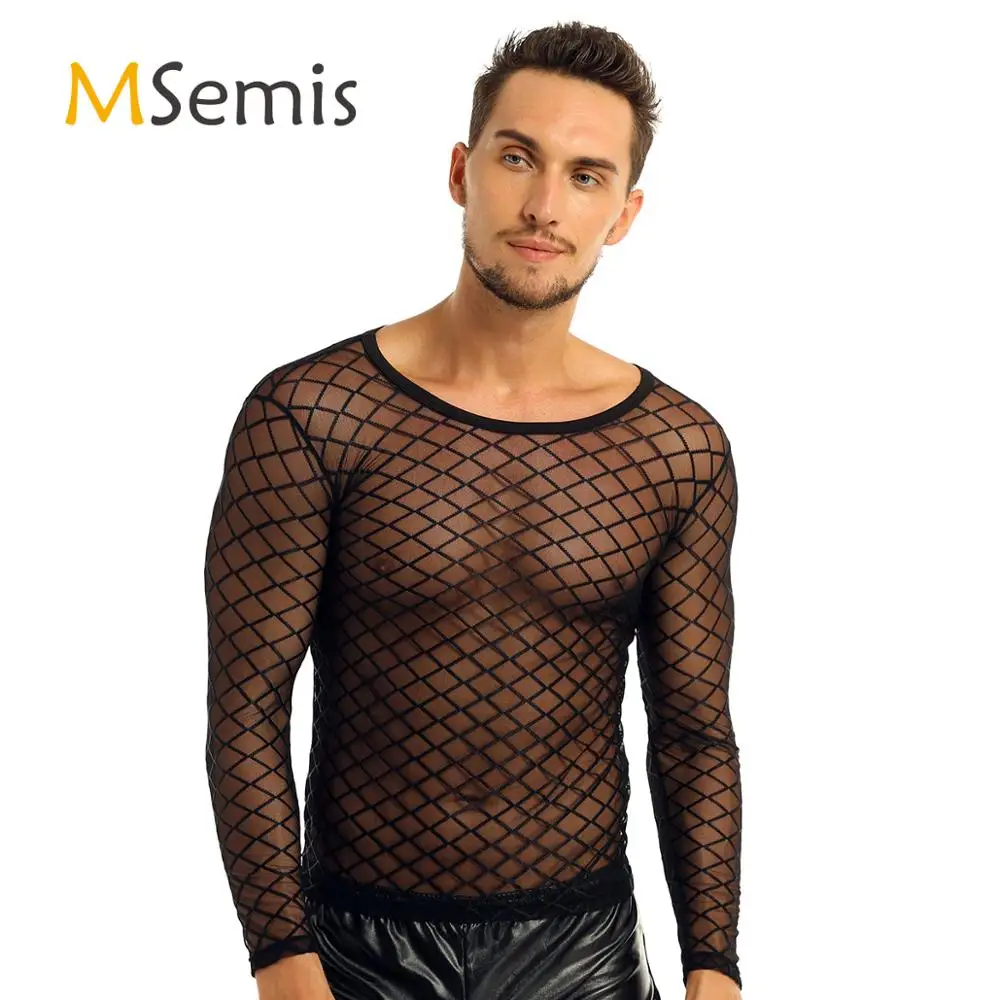 Мужские сетчатые ажурные футболки прозрачный пуловер с круглым вырезом и