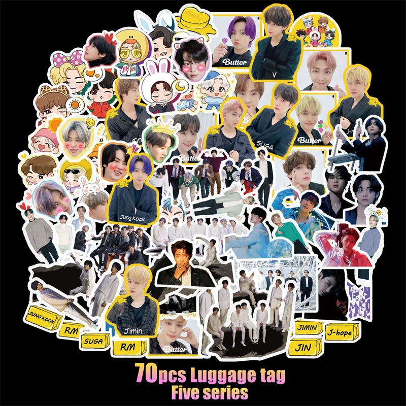 

70Pcs/Bag KPOP Album Butter JIMIN V JUNG KOOK SUGA JIN Stickers Cartoon Laptop Suitcase Cup Computer Guitar Sticker T39