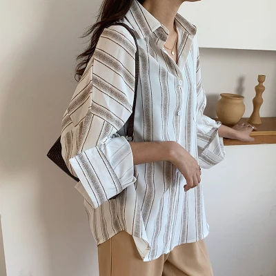 Осенние полосатые винтажные Свободные повседневные обычные шифоновые Базовые