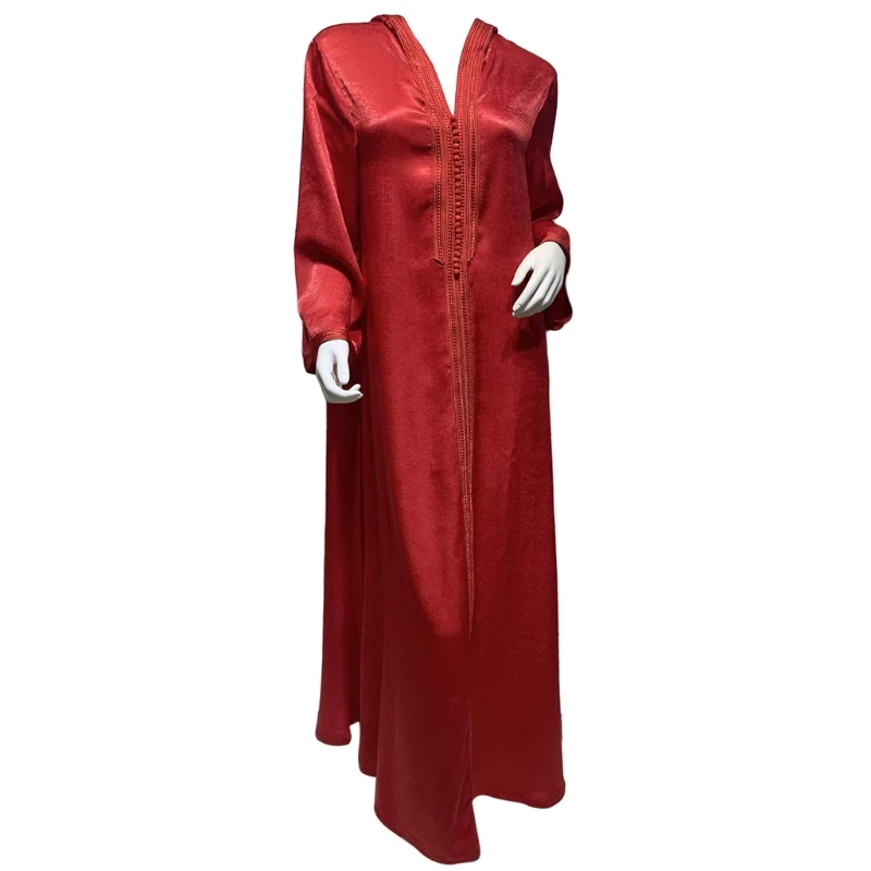 

New Dubai Arabic Muslim Maxi Dress Women Long Sleeve Velvet Hooded Robe Embroidery Trim Moroccan Kaftan Islamic Clothing Solid
