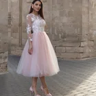 Кружевное Розовое Свадебное платье, ТРАПЕЦИЕВИДНОЕ, Тюлевое, с длинными рукавами, на заказ, 2021