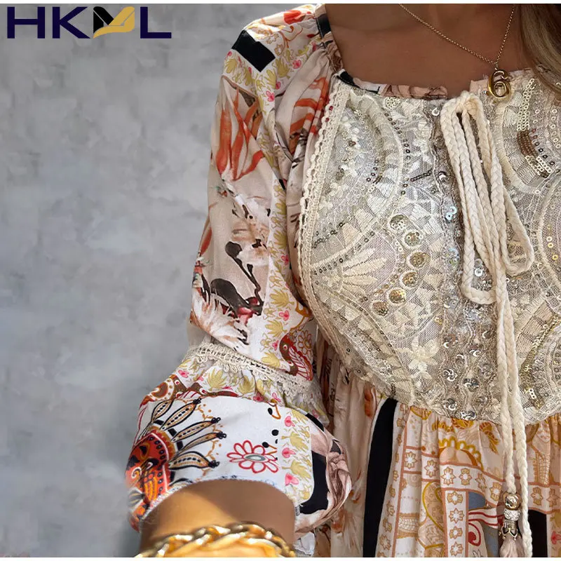 

Women Dress Loose Lace Patchwork Print A-Line Midi Party Dress Boho Vintage Casual Sundress Summer