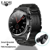 lige smart watch men tws earphone heart rate blood pressure oxygen monitor watches bluetooth call music control women smartwatch