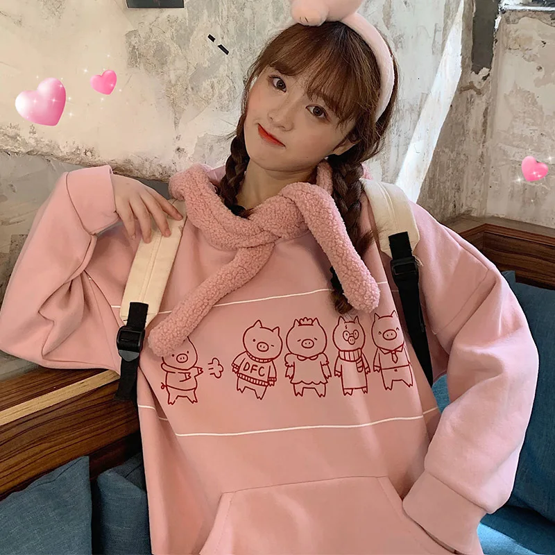 Autumn Winter Women Pig Ear Fleece Scarf Hooded Sweatshirt Plus Velvet Thicken Hoodies Sweet Girls Cartoon Print Kawaii Tops