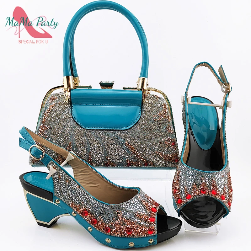 

2021 Comfortable Heels in Sky Blue Color High Quality African Women Shoes and Bag Set for Christmas Party