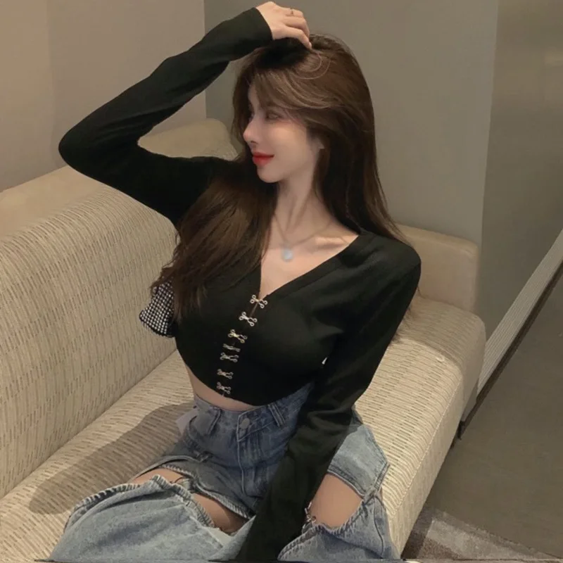 

Women's Slim Sexy Navel Exposed Single Breasted Long Sleeved T-shirt Tops