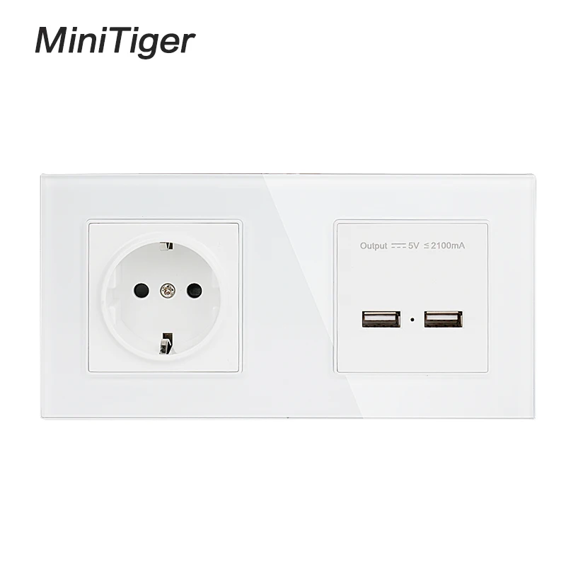 Настенная розетка из хрустального стекла Minitiger 2 клавиши заземленная 16 А