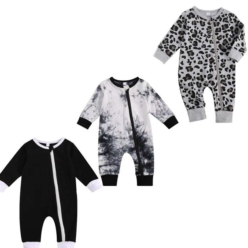 

Newborn Baby Zipper Romper, Trendy Print Long Sleeve Crew Neck One Piece Jumpsuit