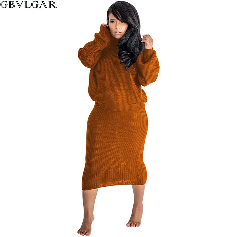 

Autumn Winter Women Knitting Ribbed Two Piece Sets Fashion Warm High Necked Long Sleeve Sweater Tops and Bodycon Mid Calf Skirt