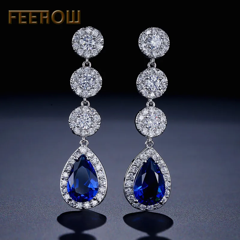 FEEHOW, классические, прозрачные, AAA, кубический циркон, капля воды, длинные, модные серьги-подвески для женщин, для свадьбы, ужина, вечерние, ювелирные изделия, FWEP2008
