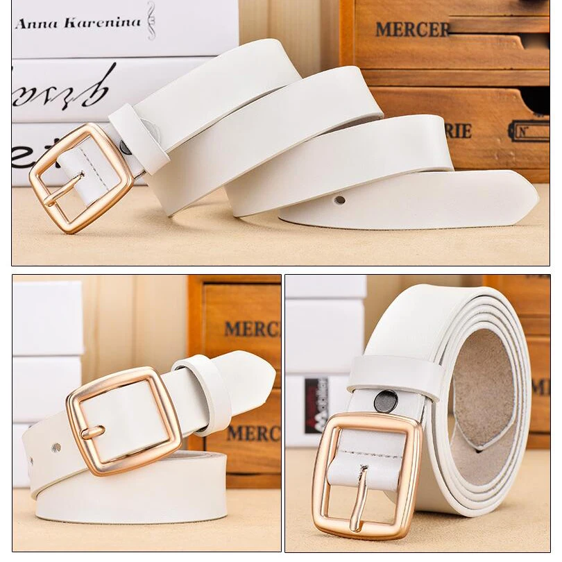 

Female Genuine Leather Deduction Side Gold Pin Buckle Belts Women Jean Wild Belts Fashion Students Simple New White Waist Strap