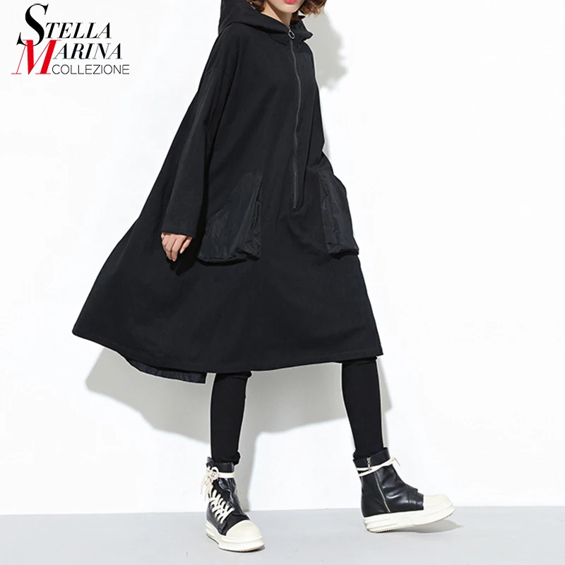 Новинка 2019 японский стиль Женское зимнее черное платье с капюшоном карманами на