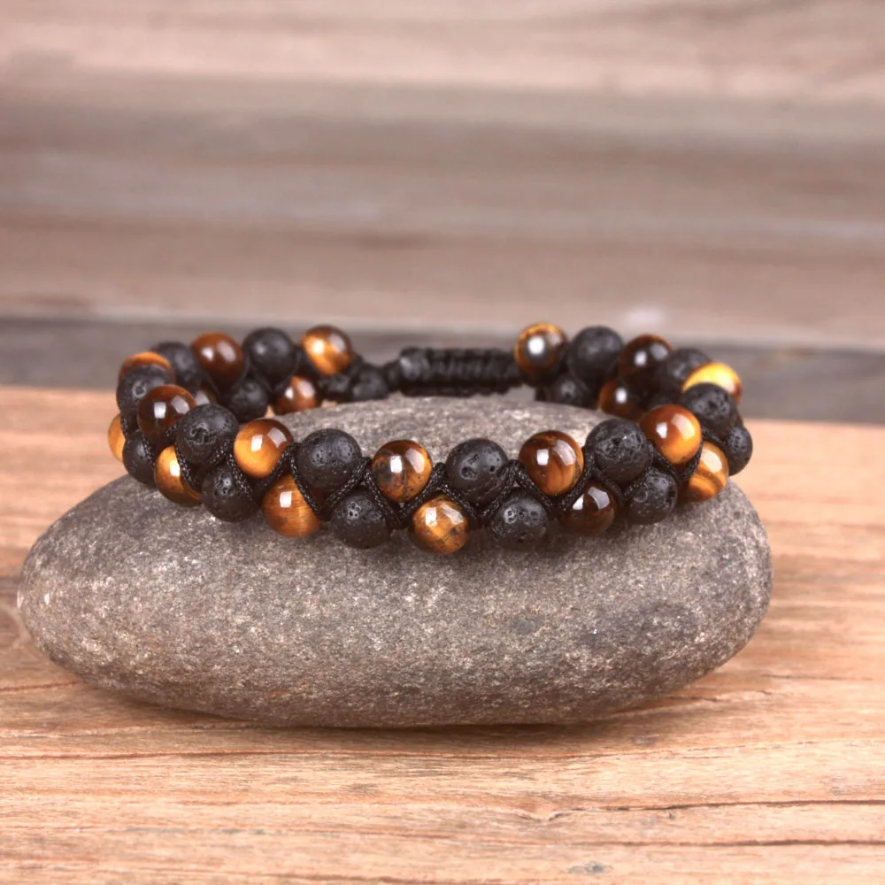 Браслет-манжета мужской из лавового камня и Тигрового Глаза | Украшения