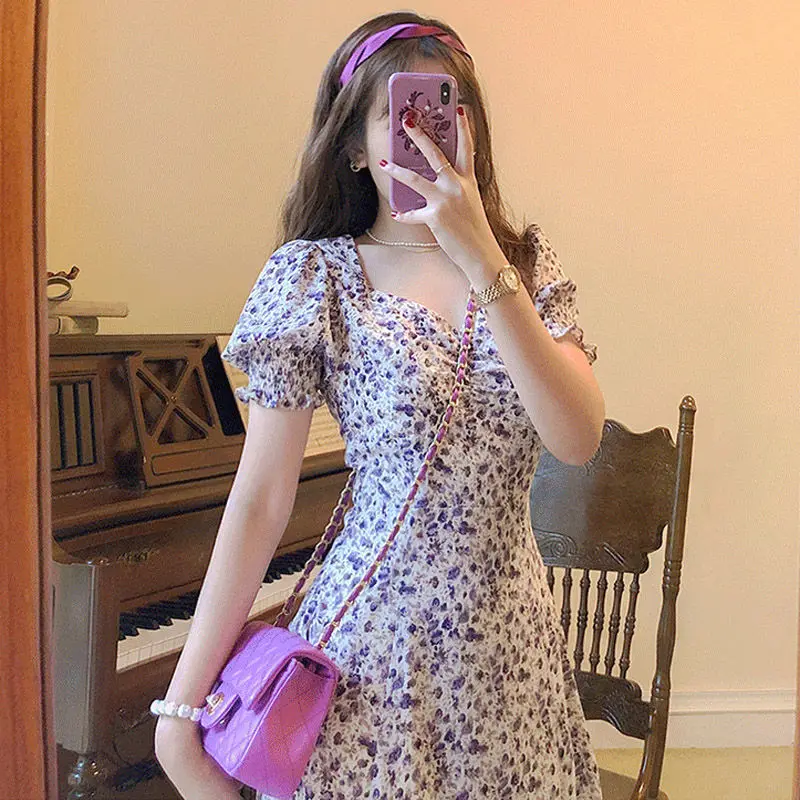 

Puff Sleeve Vintage French Dress Causal Square Neck Designer Women Slim Midi Dress 2021summer One-piece Ladies Office Clothing