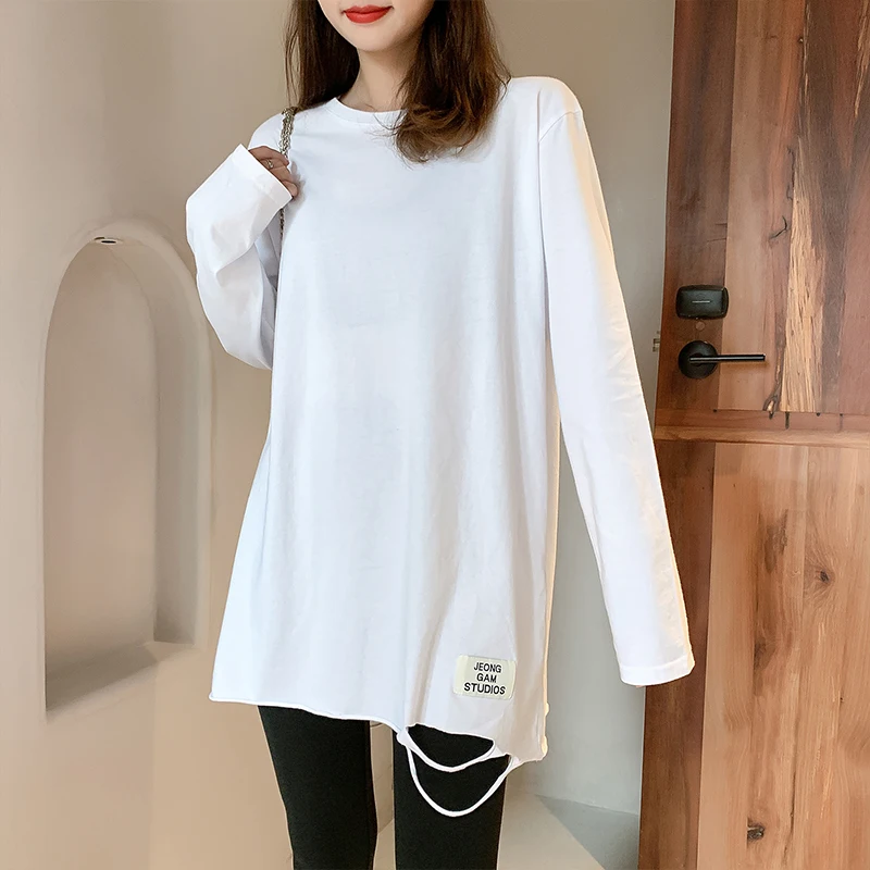 With Holes White T-shirt Women Long Sleeve Autumn and Winter New Korean Style Loose Straight round Neck Alphabet plus