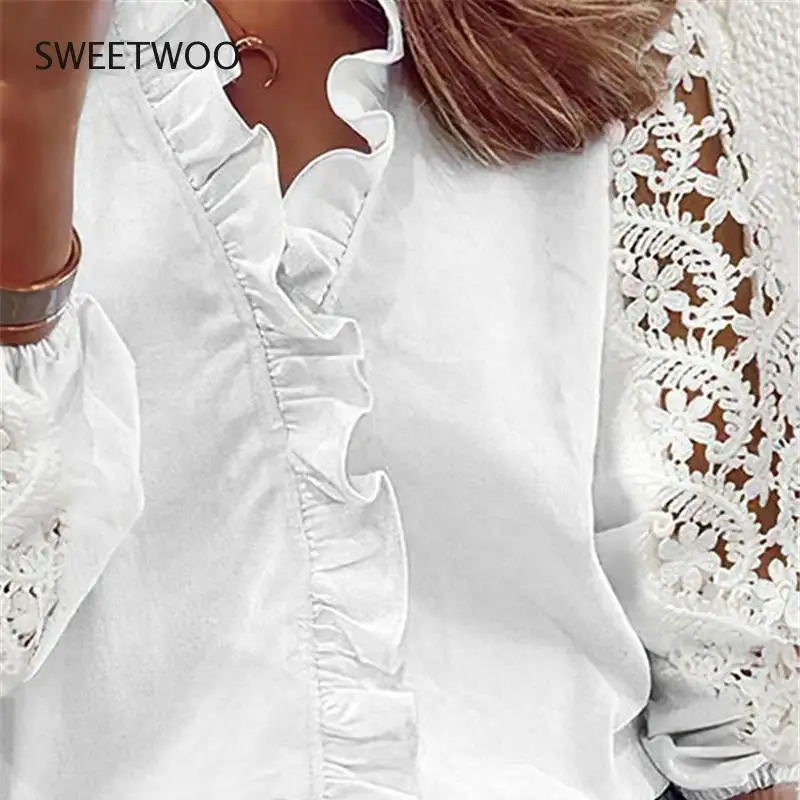 

Summer Women's Long-Sleeved Ruffled Shirt Tops, New Fashion Lace Stitching Large Size Tops, White Casual Tops