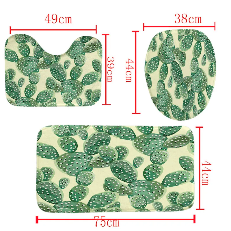 

Plant Cactus Printing Bathroom Waterproof Shower Curtain Set Pedestal Rug Lid Carpet Toilet Cover Set Bath Curtain Mat Set