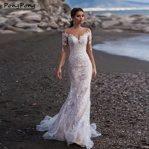 2021 Sexy Elegant Lace Floral Wedding Dresses abito da sposa Long Sleeve Mermaid Tulle Scoop Bride Gowns vestido de casamento