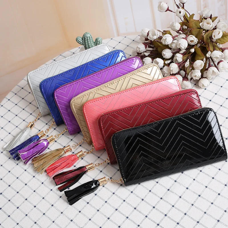 

Multi-color Bright Leather Embossed Women Wallets Long Clutch Coin Purses Tassel Pendant Cell Phone Pocket Business Cash Wallets