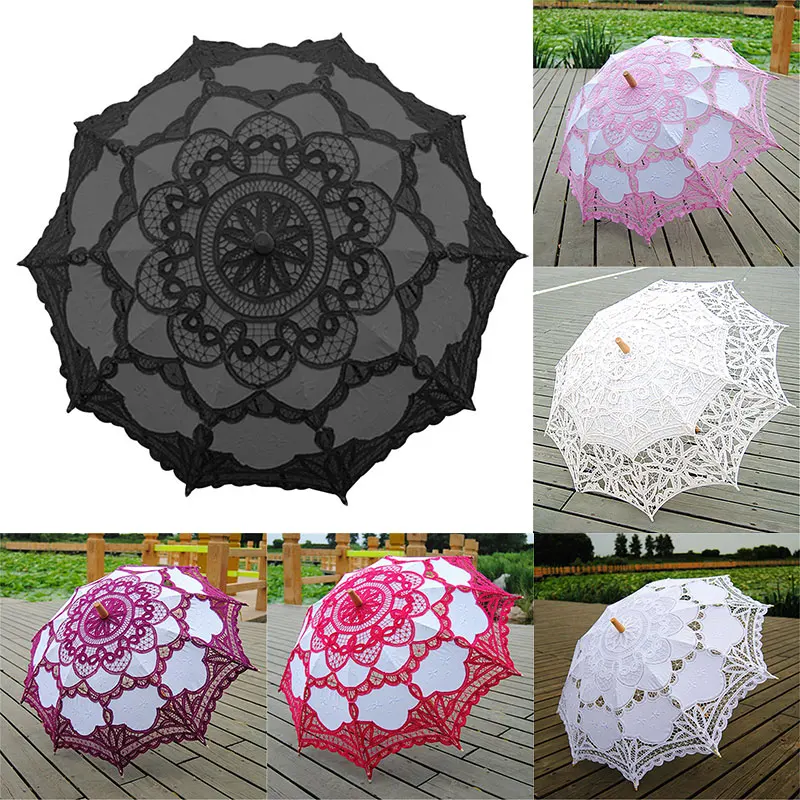 

Handmade Lace Umbrella Victoria Style Parasol Umbrella with Long Handle Photography Prop for Wedding Outdoor Sun SER88