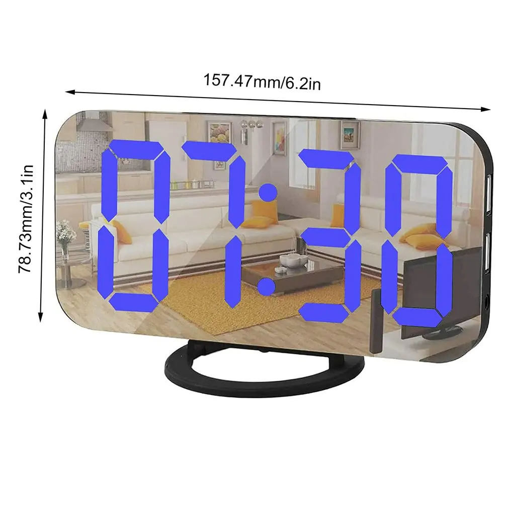 

LED Alarm Clock Dual USB Output Mobile Phone Charging Snooze Mirror Clock Brightness Temperature Display