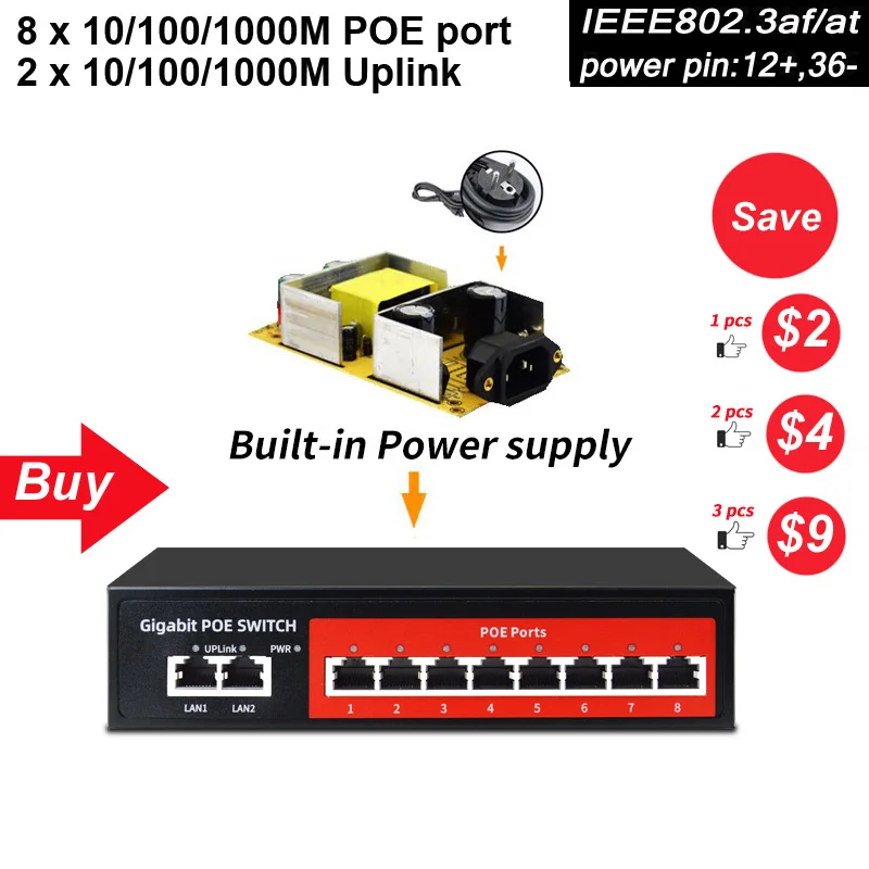 SZSSCEE гигабитный 10-портовый коммутатор Poe поддержка Ieee802.3af/at ip-камер и беспроводной AP 10/100/1000 Мбит/с стандартный сетевой коммутатор